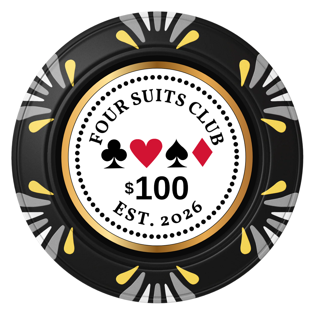 Fours Suits Club Clay Poker Chips - Black / Macau / 40mm - Front