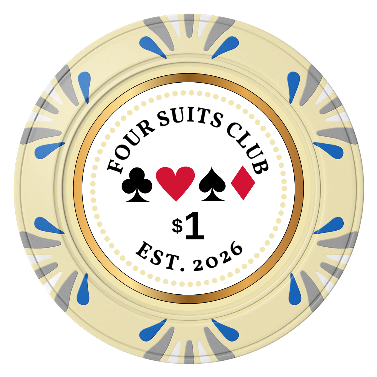 Fours Suits Club Clay Poker Chips - Ivory / Macau / 40mm - Front