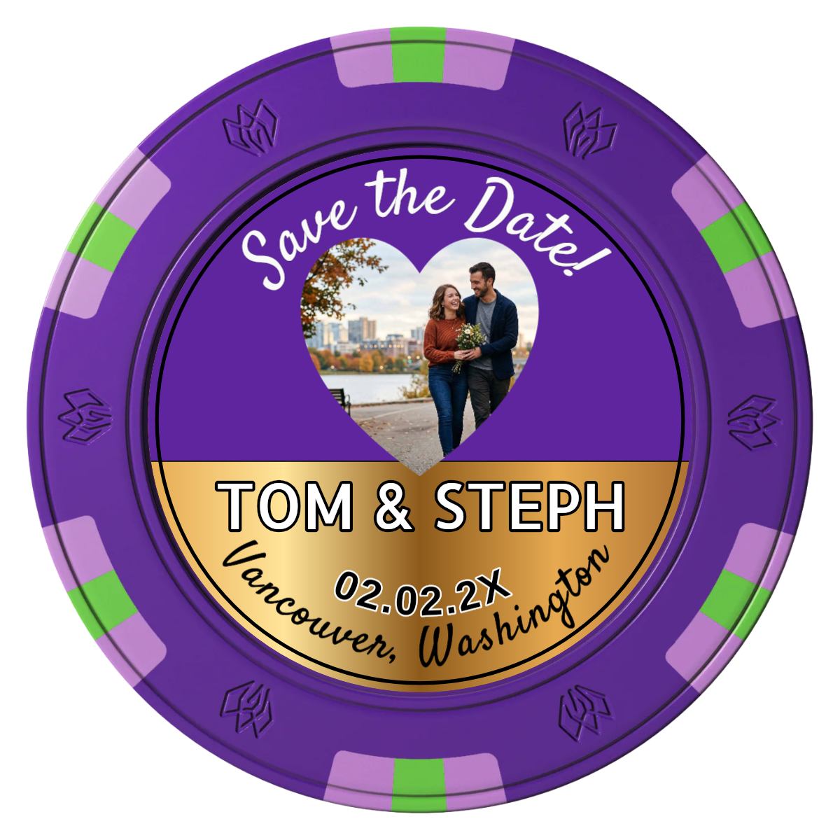 Save the Date Hearts Clay Poker Chips - Purple / 6 Spot Gem / 43mm - Front