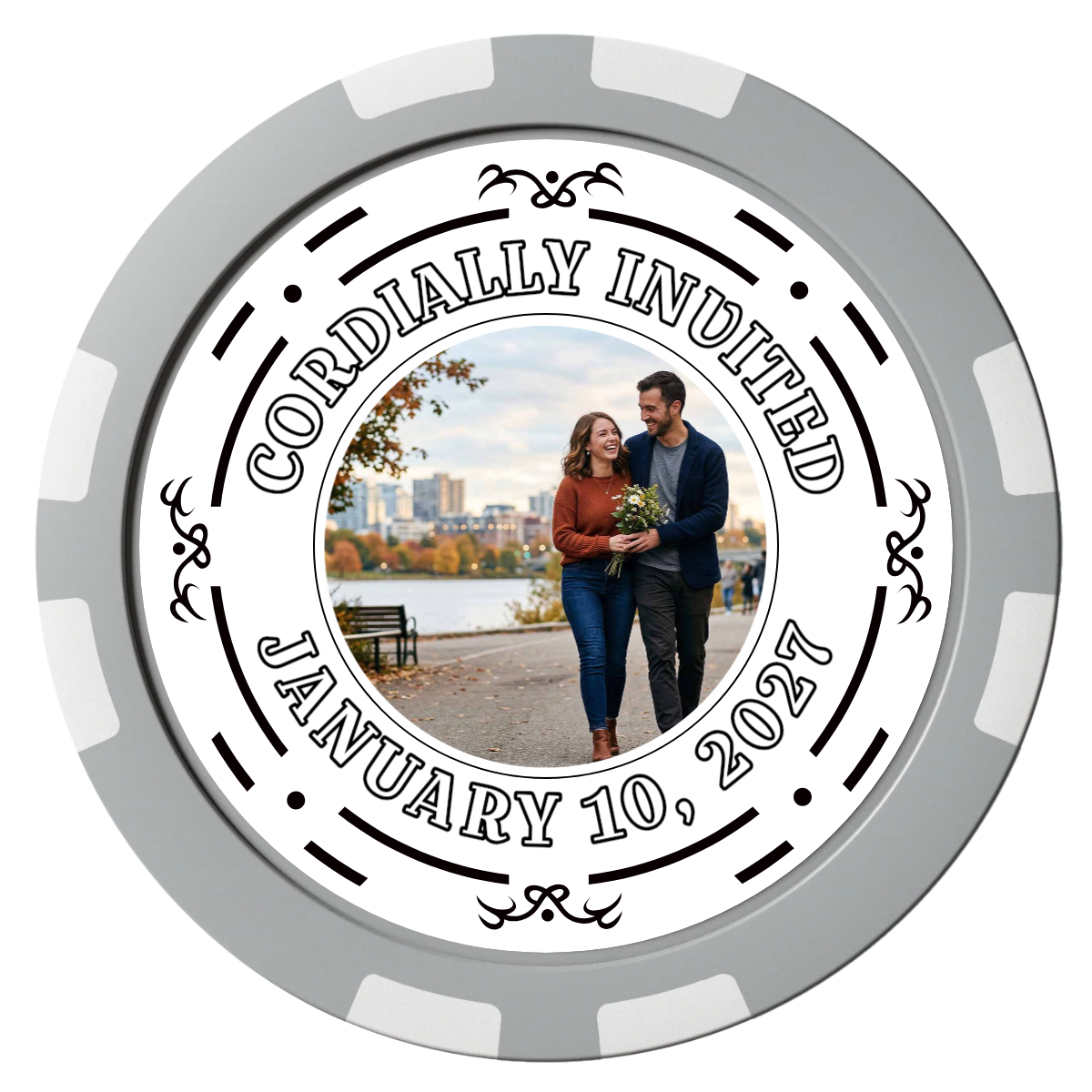 Save the Date Element Composite Poker Chips - Gray / 8 Stripe - Front