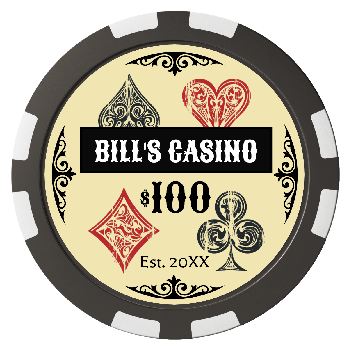 Vintage Four Suits Composite Poker Chips - Black / 8 Stripe - Front