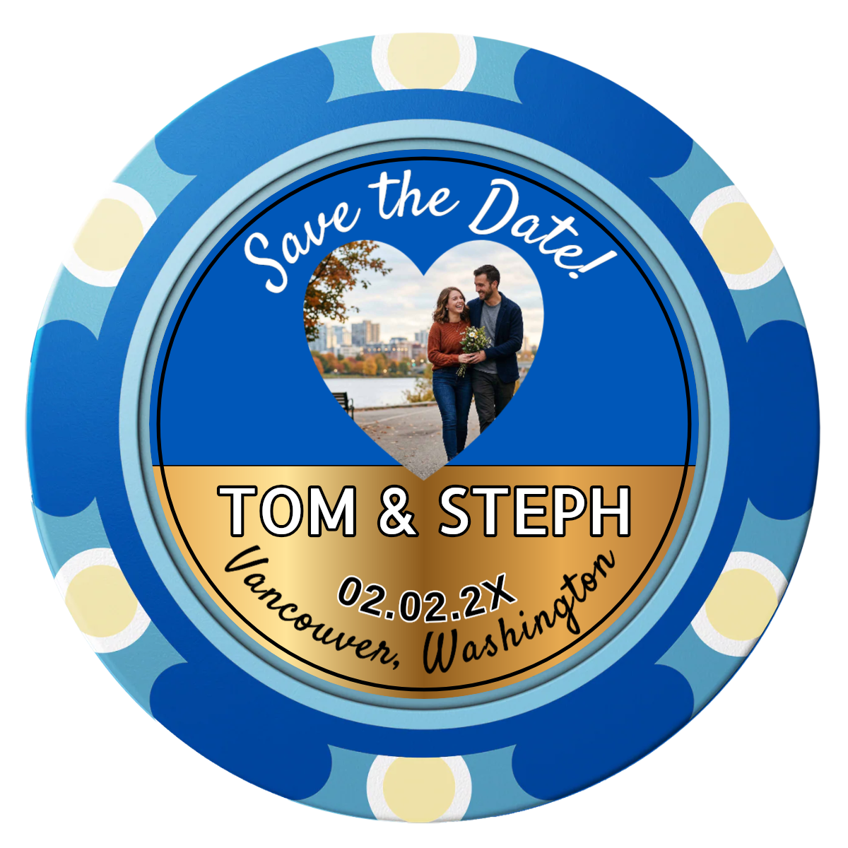 Save the Date Hearts Clay Poker Chips - Blue / Monte Carlo / 40mm - Front