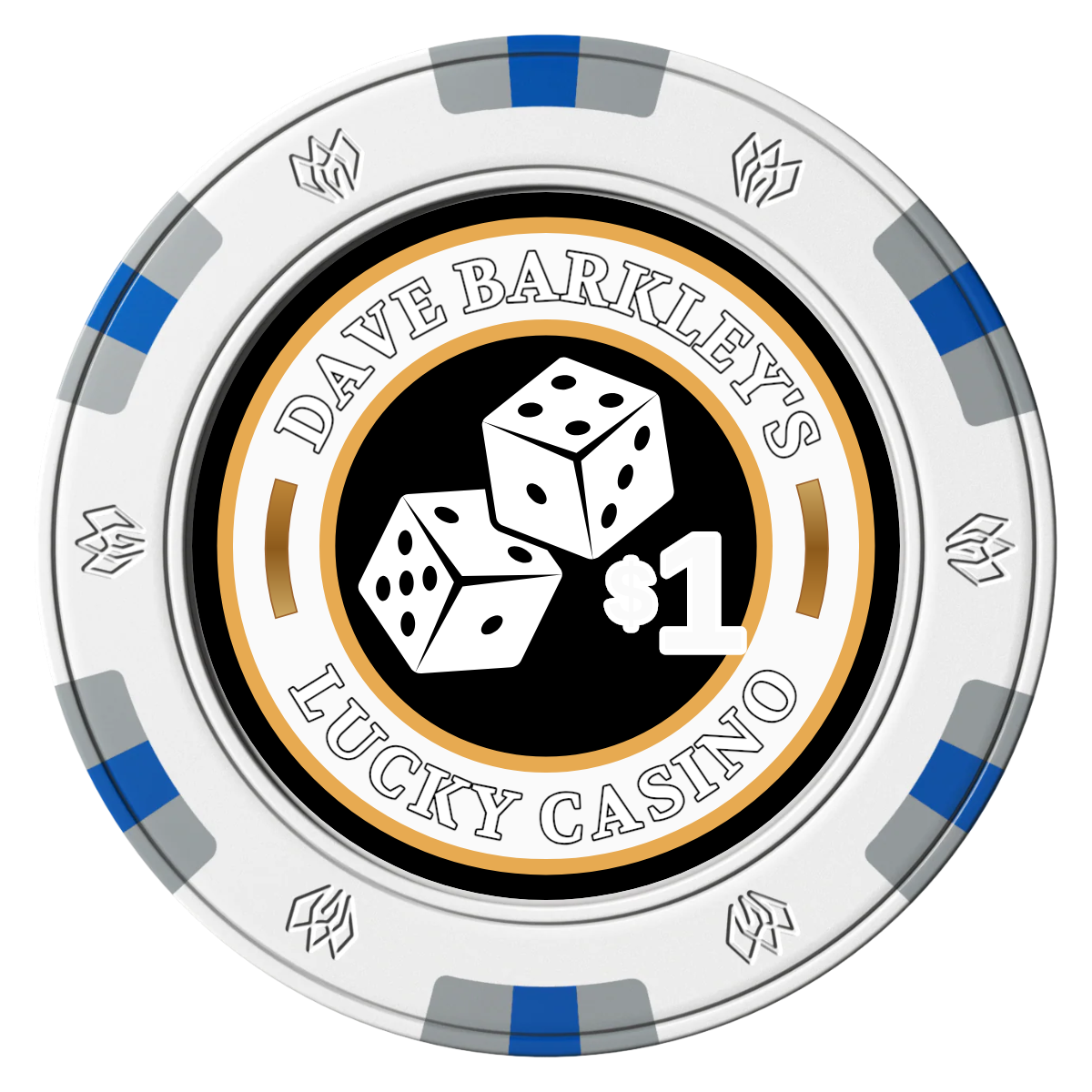 Dave's Lucky Casino Clay Poker Chips - White / 6 Spot Gem / 43mm - Front
