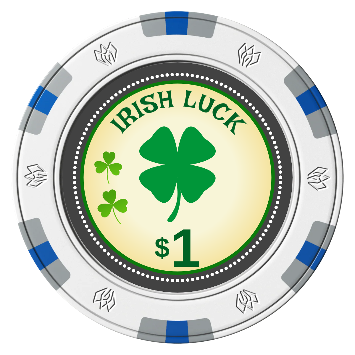 Irish Luck Clay Poker Chips - White / 6 Spot Gem / 43mm - Front
