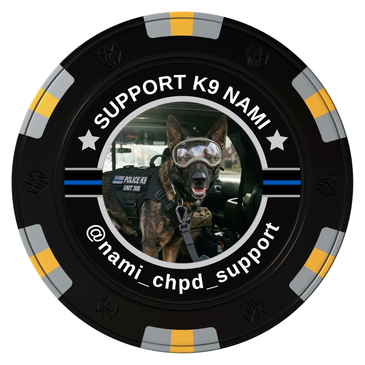Police Department K9 #02 Clay Poker Chips - Black / 6 Spot Gem / 43mm - Front