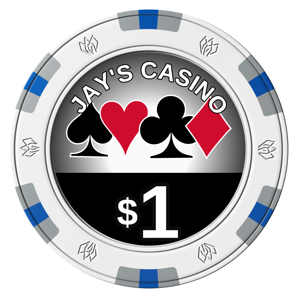 Jay's Casino Clay Poker Chips - White / 6 Spot Gem / 43mm - Front
