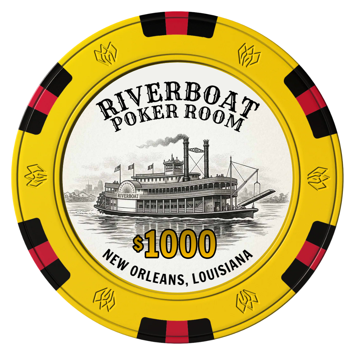 Riverboat Poker Room Clay Poker Chips - Yellow / 6 Spot Gem / 40mm - Front