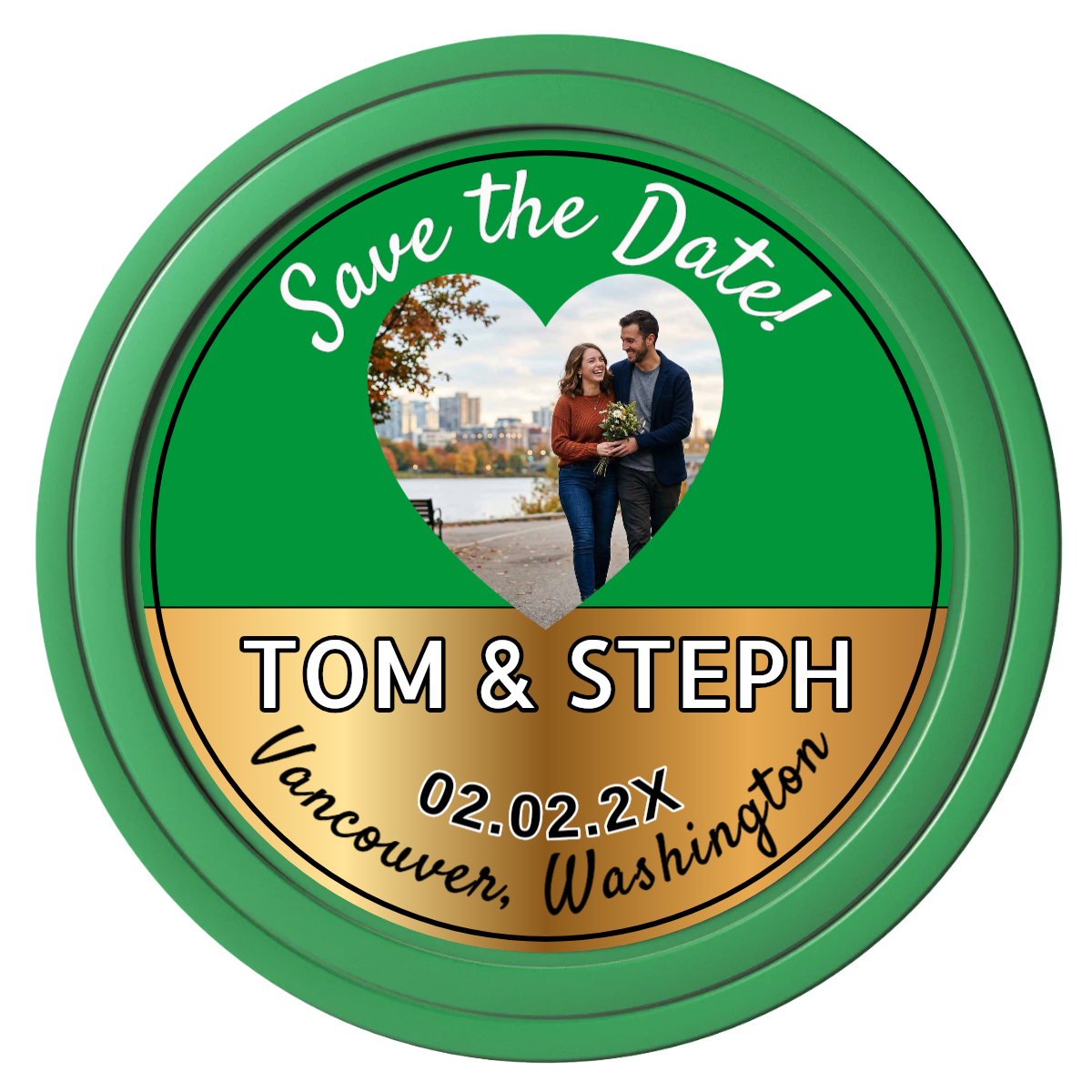 Save the Date Hearts Composite Poker Chips - Green / Solid - Front