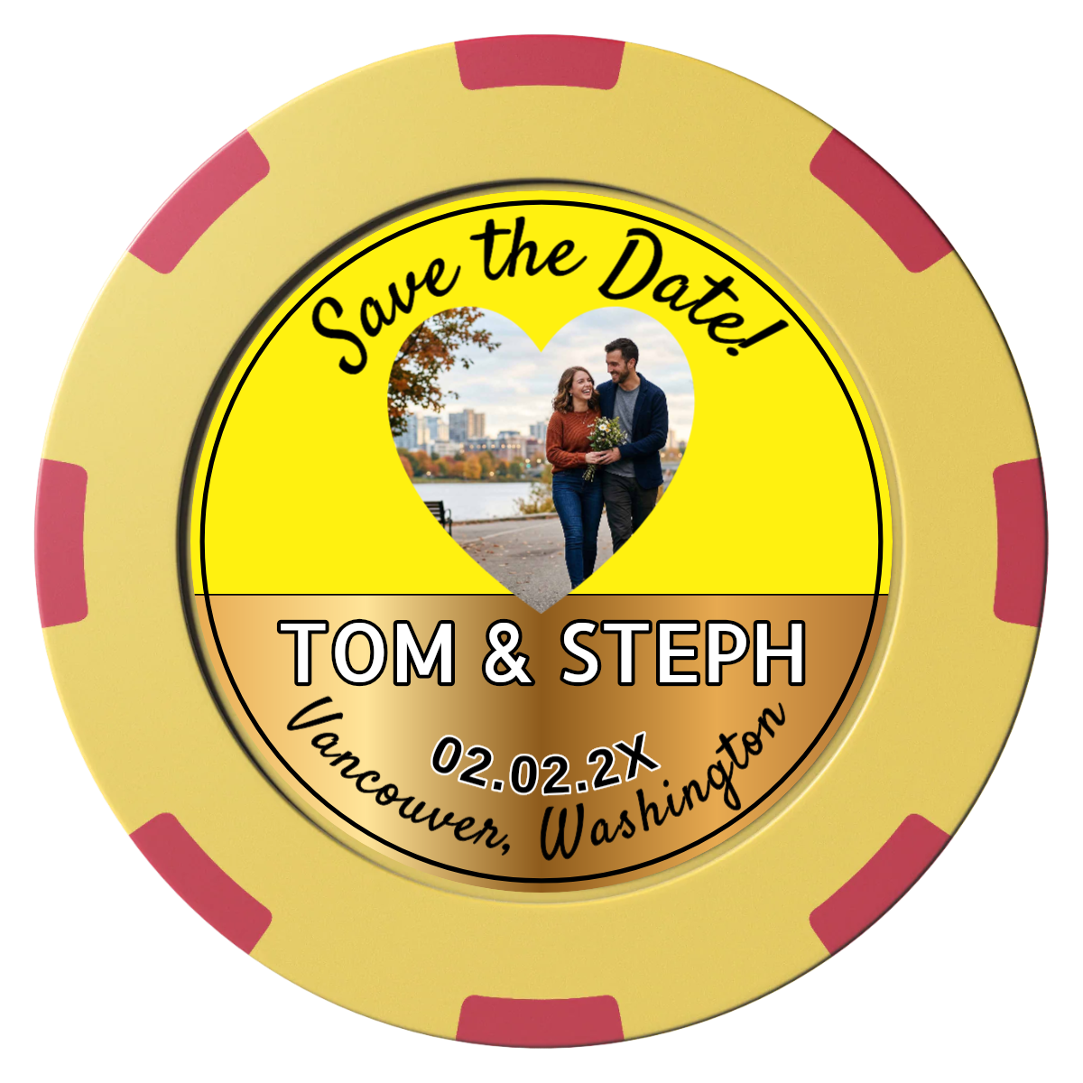 Save the Date Hearts Clay Poker Chips - Yellow / 8 Spot (2 Tone) / 40mm - Front