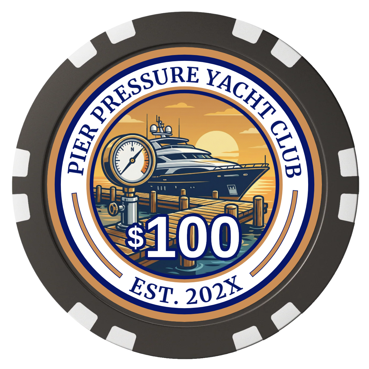 Anchor Down Card Room Composite Poker Chips - Black / Double Stripe - Front