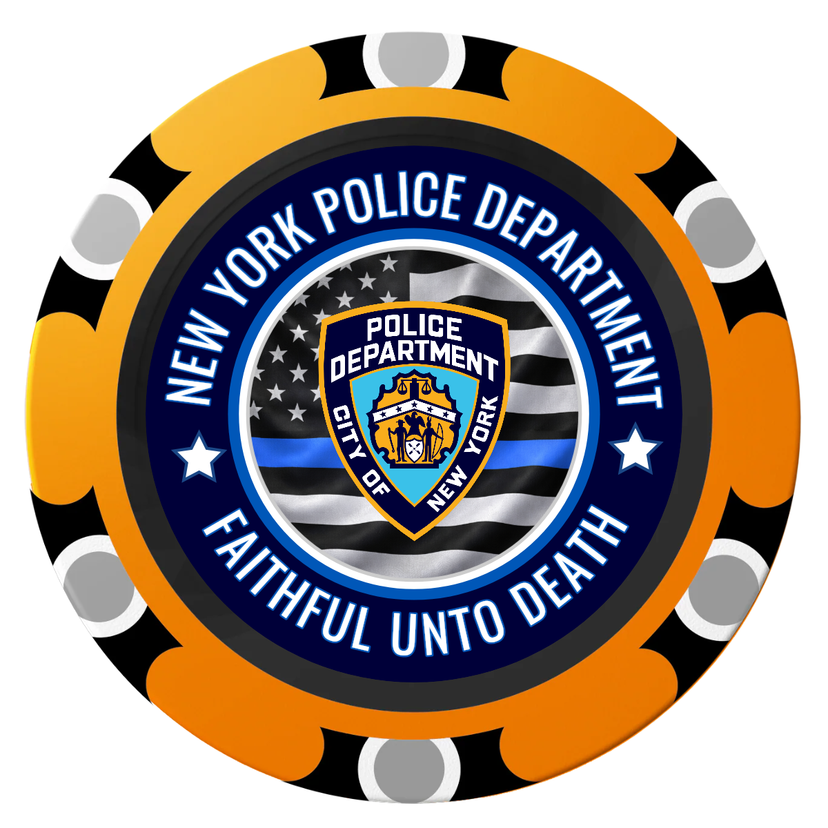 NYPD Safe and Fair Clay Poker Chips - Orange / Monte Carlo / 40mm - Front