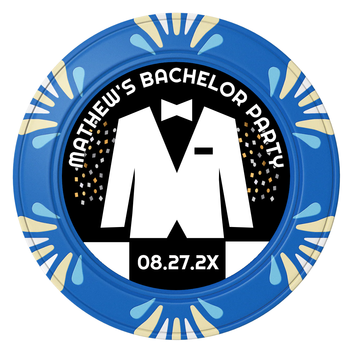 Bachelor No More Bowtie Clay Poker Chips - Blue / Macau / 40mm - Front