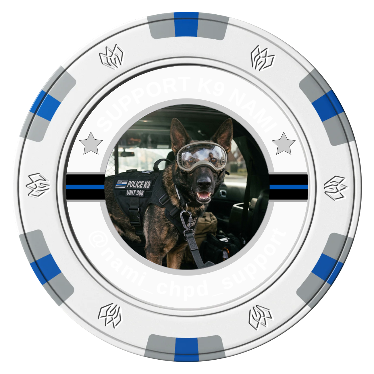 Police Department K9 #02 Clay Poker Chips - White / 6 Spot Gem / 40mm - Front