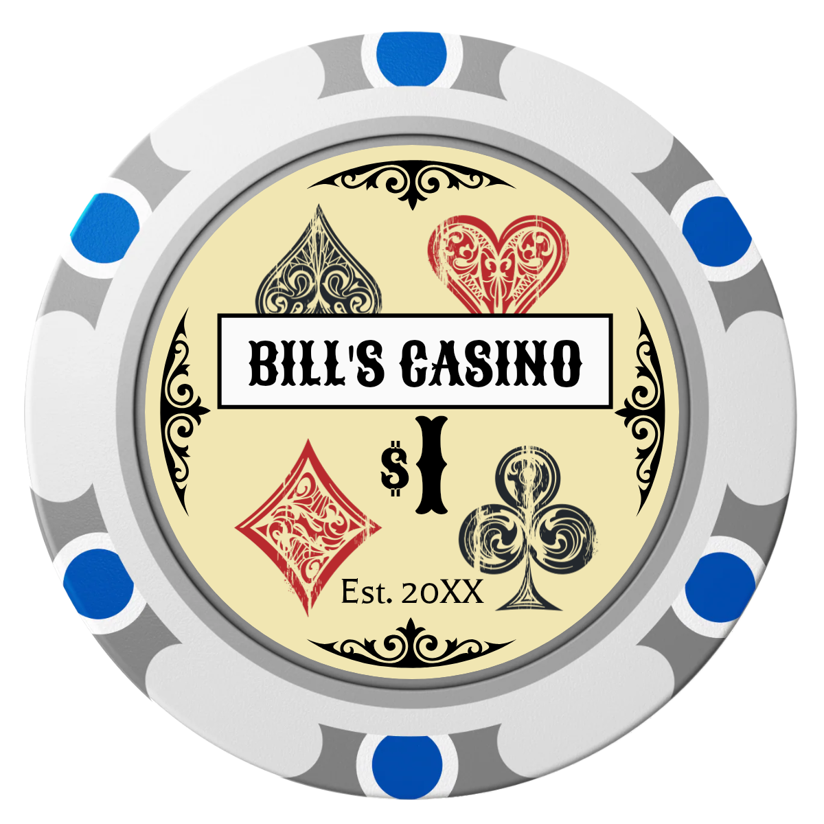 Vintage Four Suits Clay Poker Chips - White / Monte Carlo / 40mm - Front