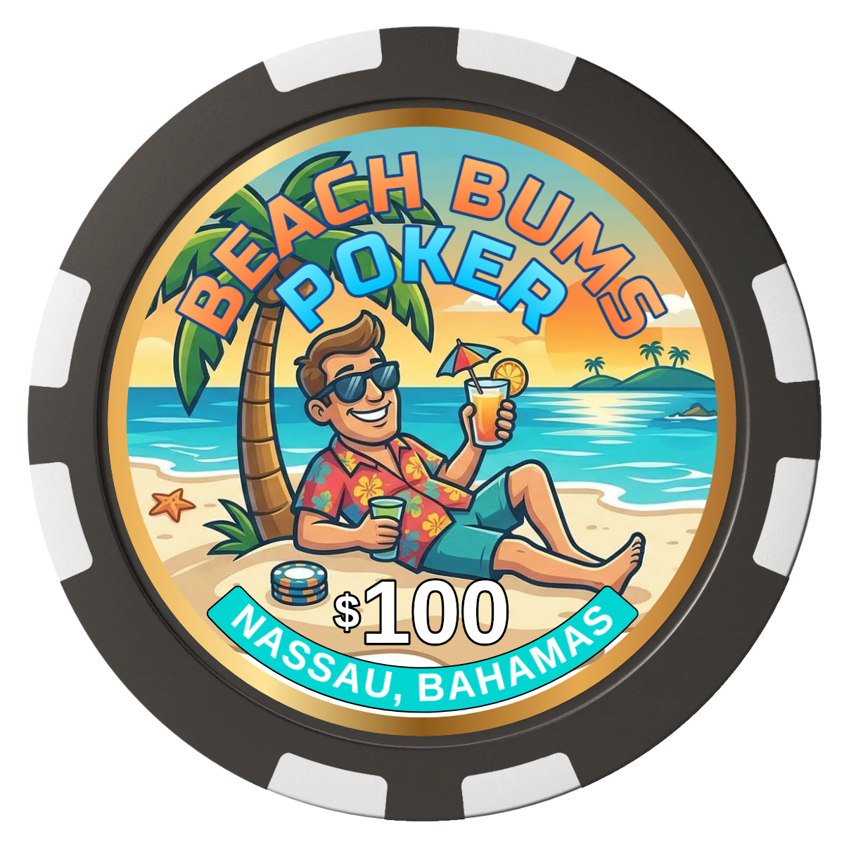 Sandy's Casino Composite Poker Chips - Black / 8 Stripe - Front