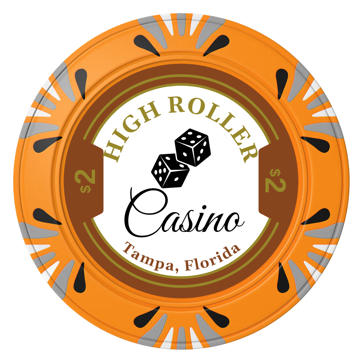 High Roller Casino Clay Poker Chips - Orange / Macau / 40mm - Front