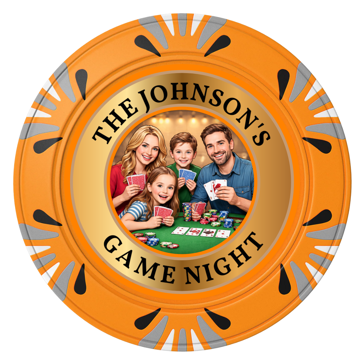 Family Game Night Clay Poker Chips - Orange / Macau / 40mm - Front