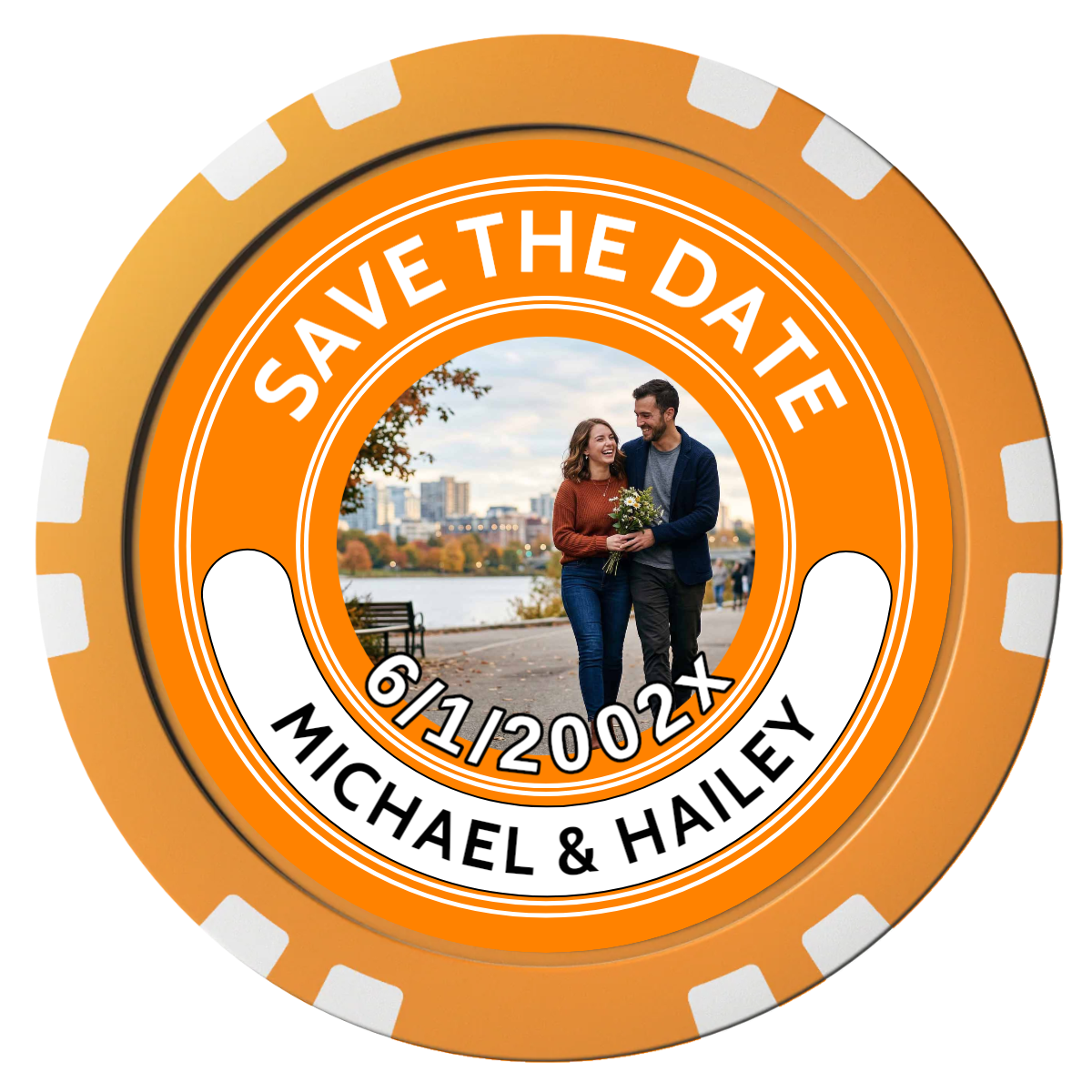 Save the Date Photo QR Code Composite Poker Chips - Orange / Double Stripe - Front