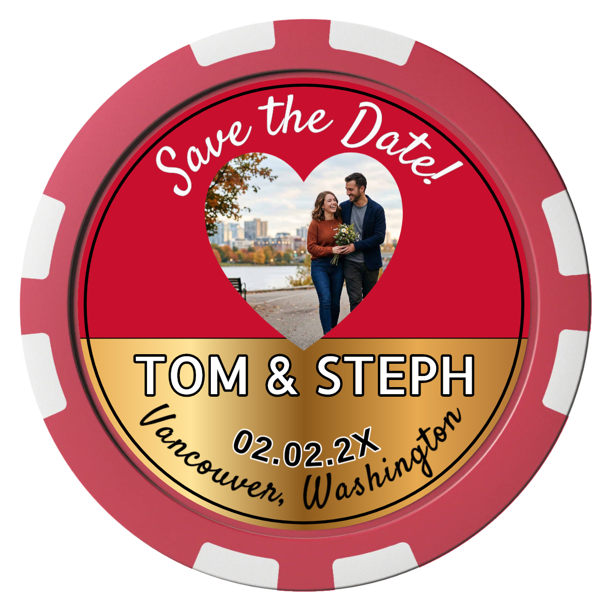 Save the Date Hearts Composite Poker Chips - Red / 8 Stripe - Front