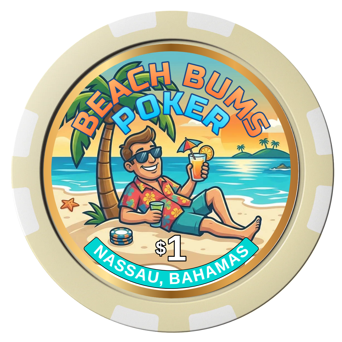 Sandy's Casino Composite Poker Chips - Ivory / 8 Stripe - Front