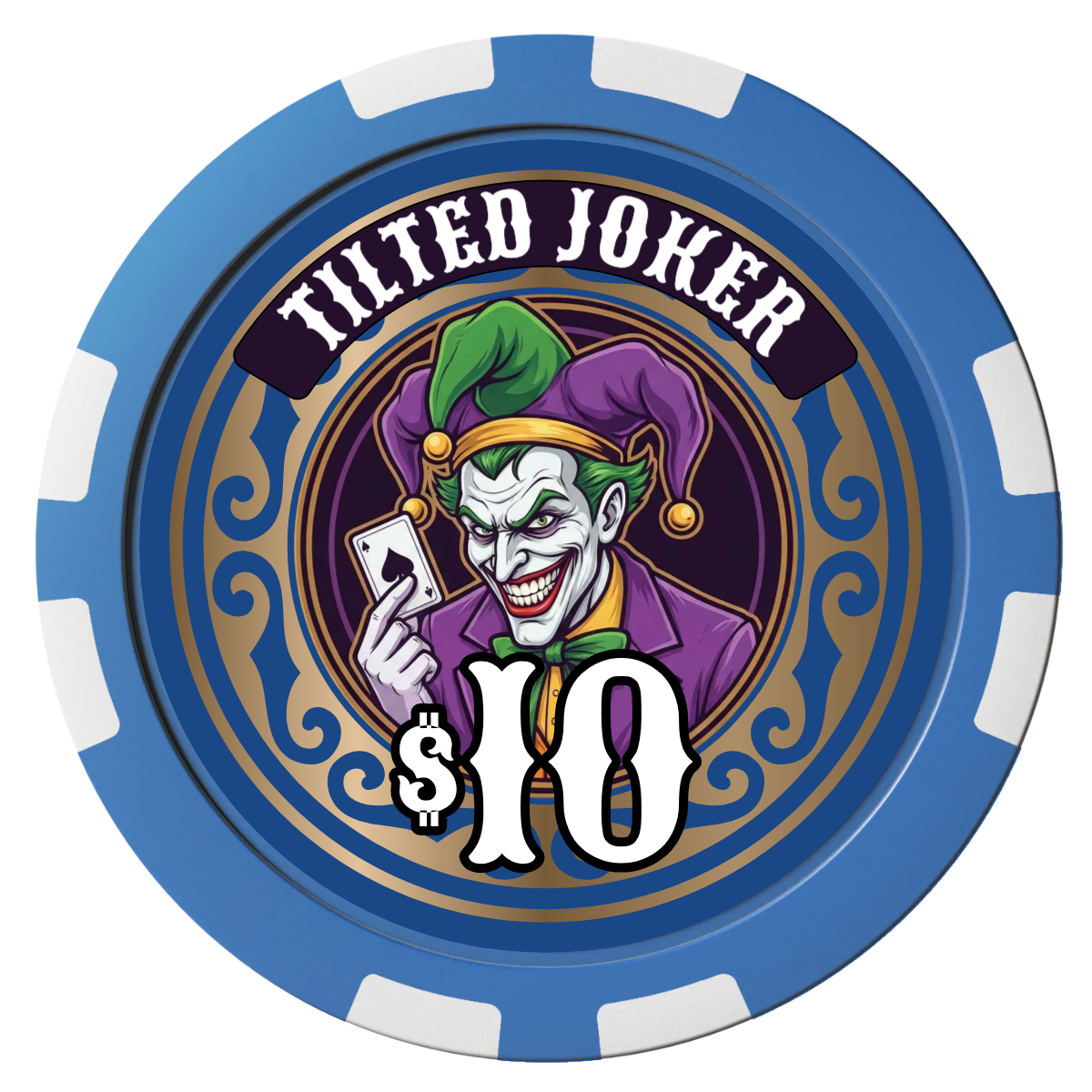 Tilted Joker Composite Poker Chips - Blue / 8 Stripe - Front