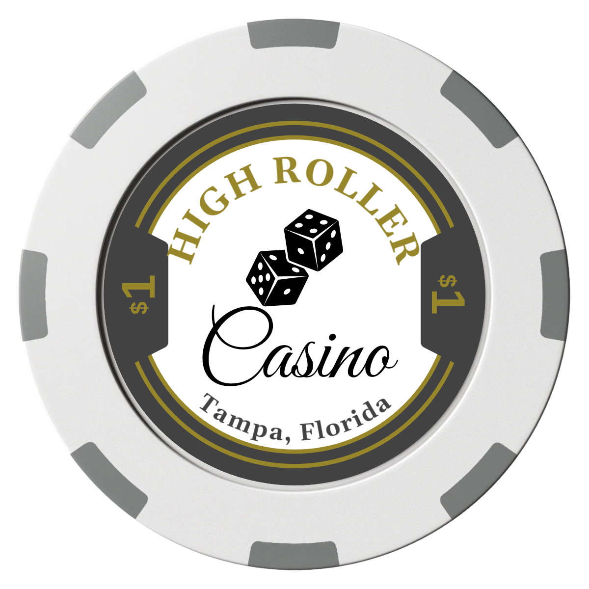High Roller Casino Clay Poker Chips - White / 8 Spot (2 Tone) / 40mm - Front