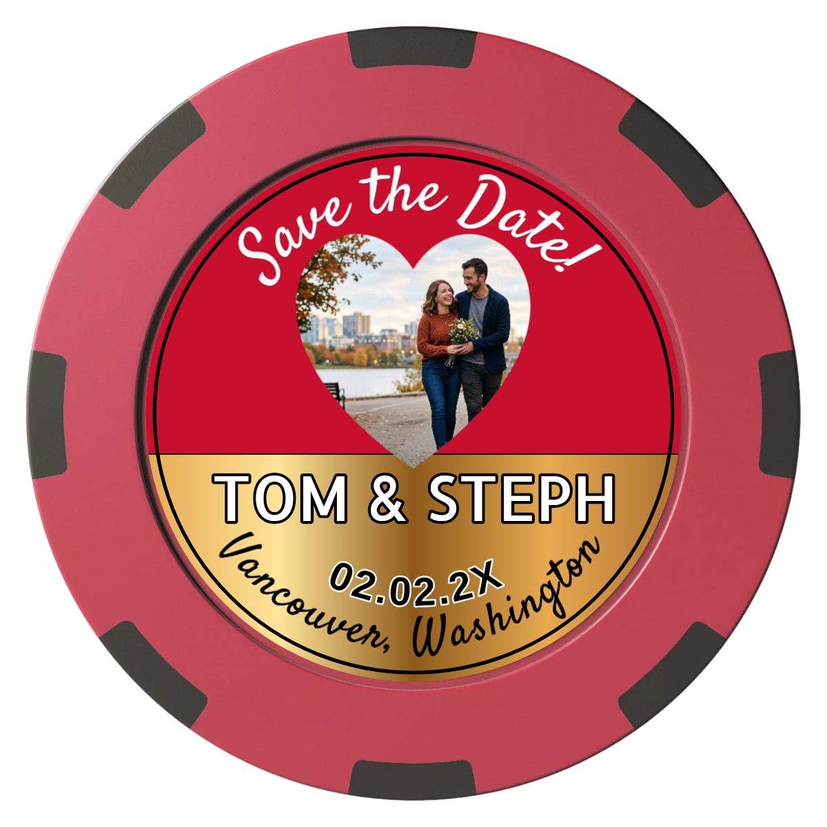 Save the Date Hearts Clay Poker Chips - Red / 8 Spot (2 Tone) / 40mm - Front