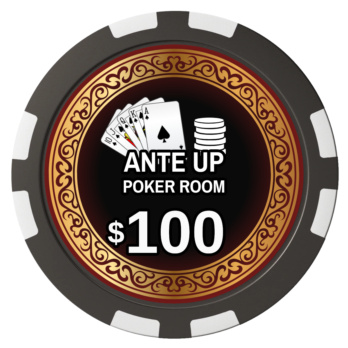 Ante Up Poker Room Composite Poker Chips - Black / 8 Stripe - Front