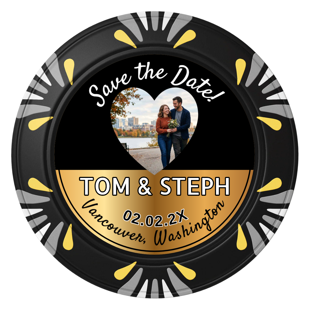 Save the Date Hearts Clay Poker Chips - Black / Macau / 40mm - Back