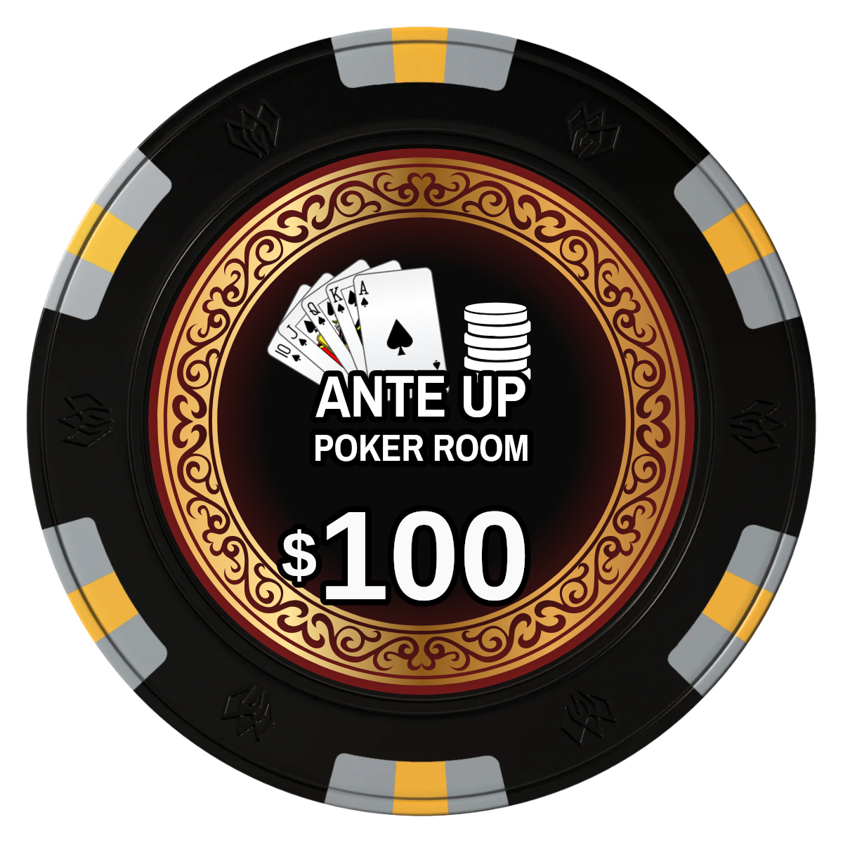 Ante Up Poker Room Clay Poker Chips - Black / 6 Spot Gem / 43mm - Front