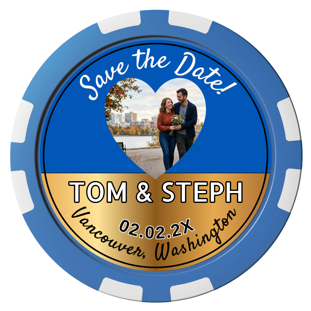 Save the Date Hearts Composite Poker Chips - Blue / 8 Stripe - Back