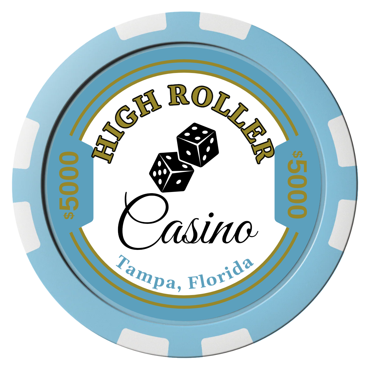 High Roller Casino Composite Poker Chips - Light Blue / 8 Stripe - Front