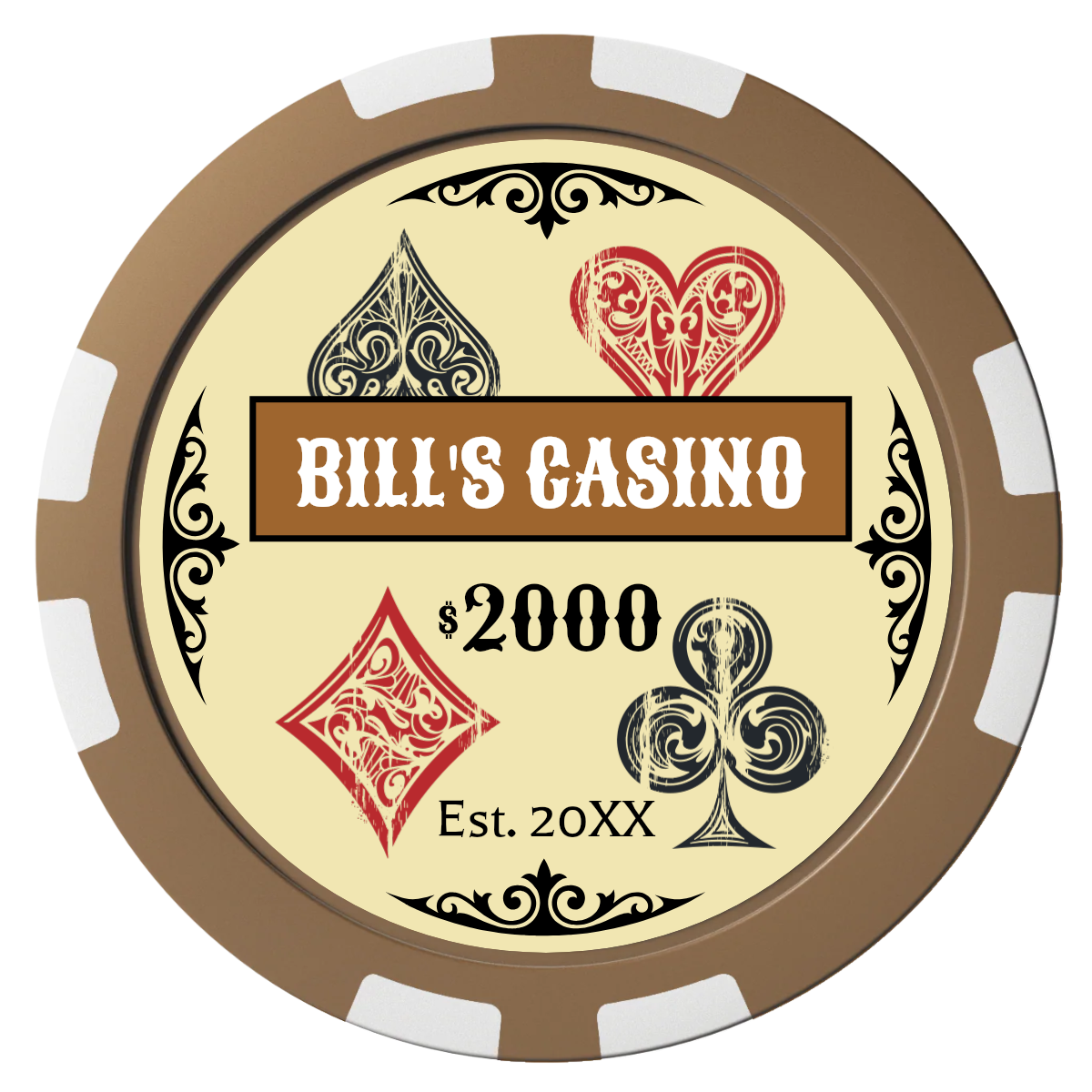 Vintage Four Suits Composite Poker Chips - Brown / 8 Stripe - Front