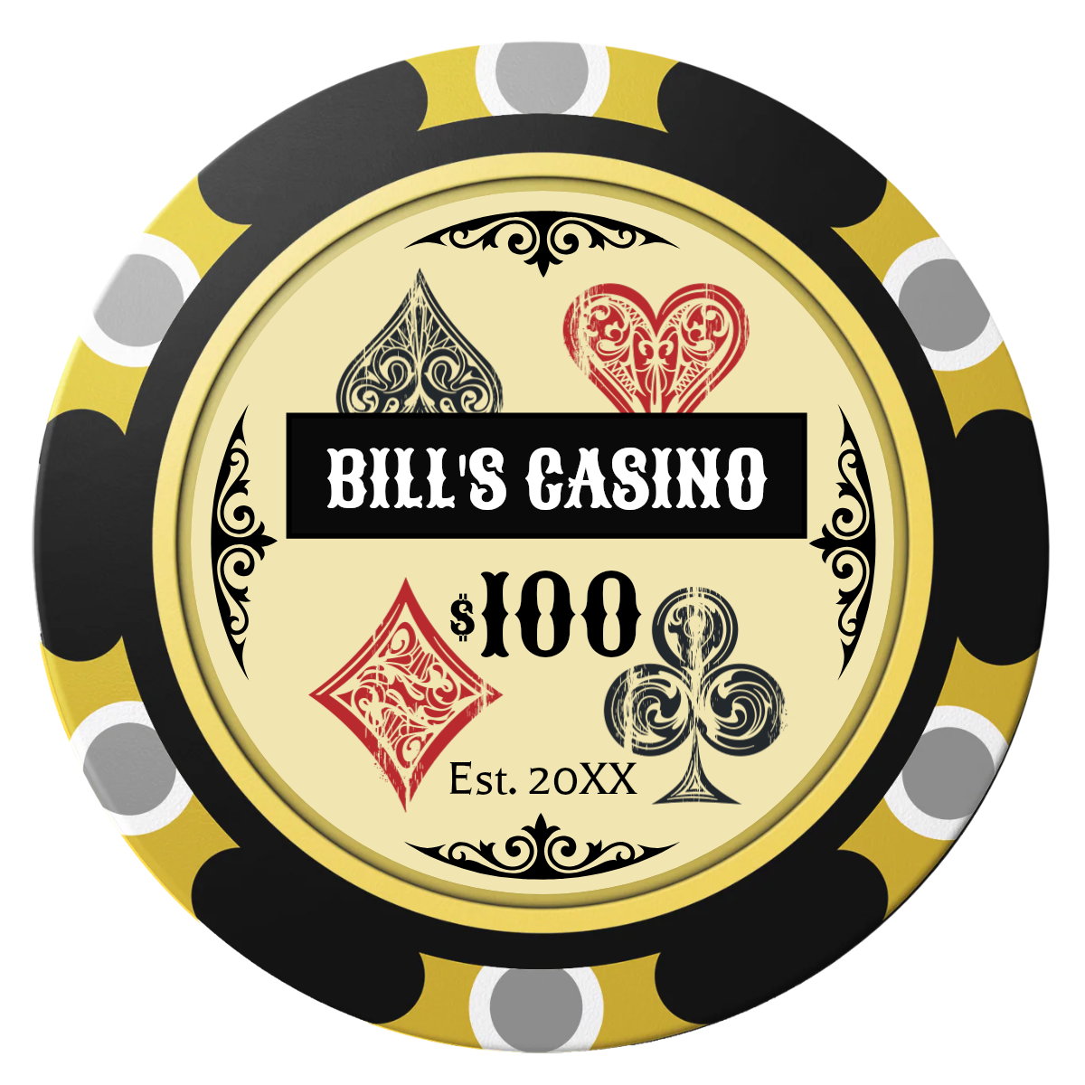Vintage Four Suits Clay Poker Chips - Black / Monte Carlo / 40mm - Front