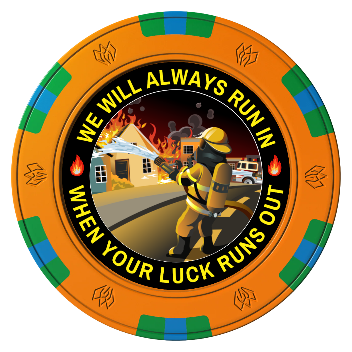 Firefighter Maltese Cross Clay Poker Chips - Orange / 6 Spot Gem / 43mm - Front