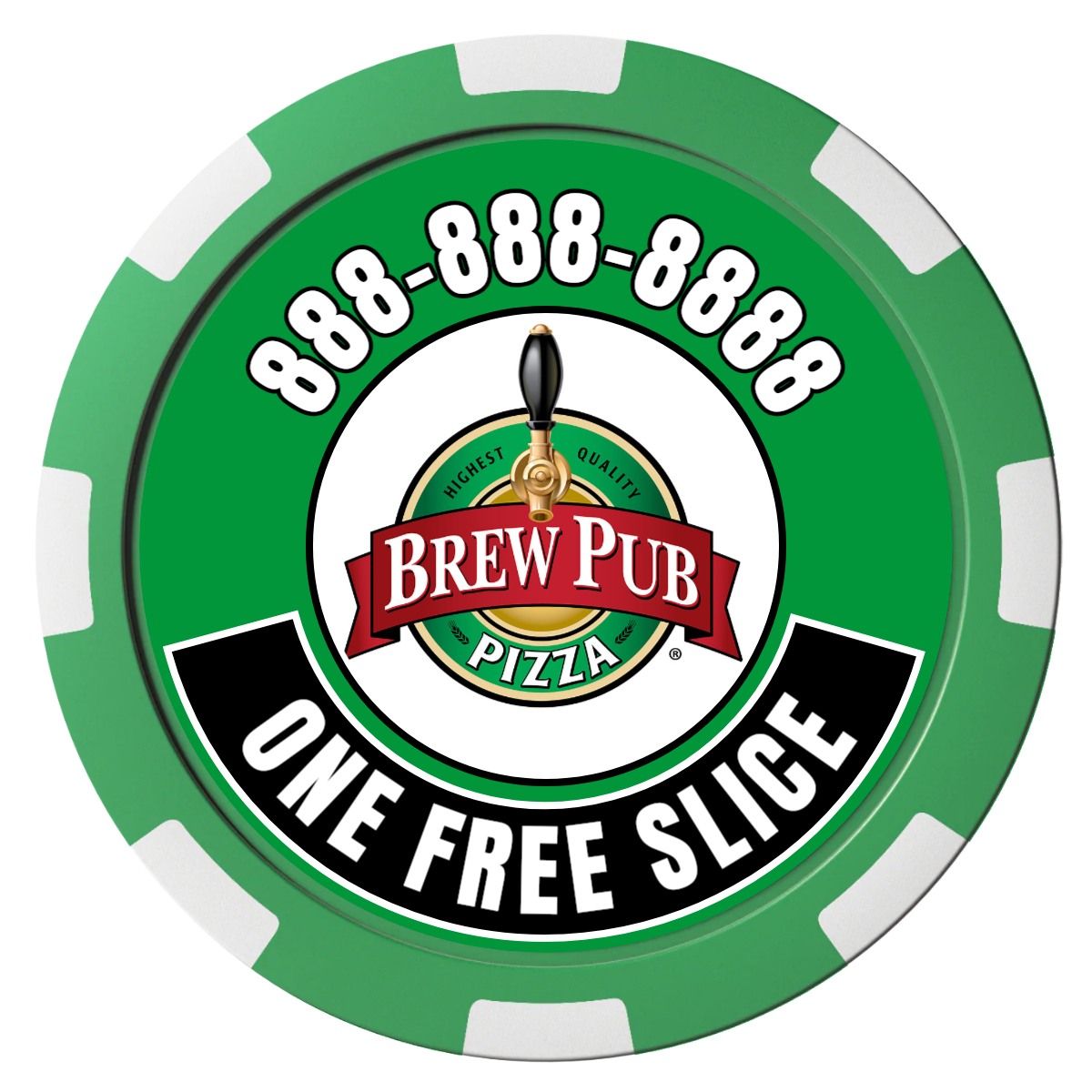Brew Pub or Pizzeria with Logo Magnetic Composite Poker Chips - Green / 8 Spot - Front