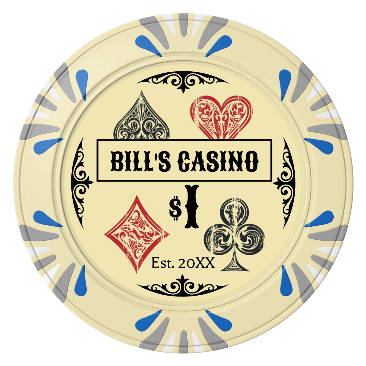 Vintage Four Suits Clay Poker Chips - Ivory / Macau / 40mm - Front