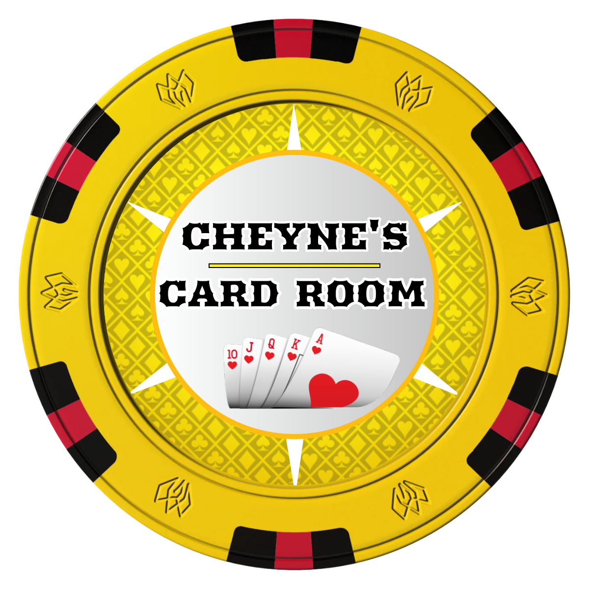 Cheyne's Card Room Clay Poker Chips - Yellow / 6 Spot Gem / 43mm - Front