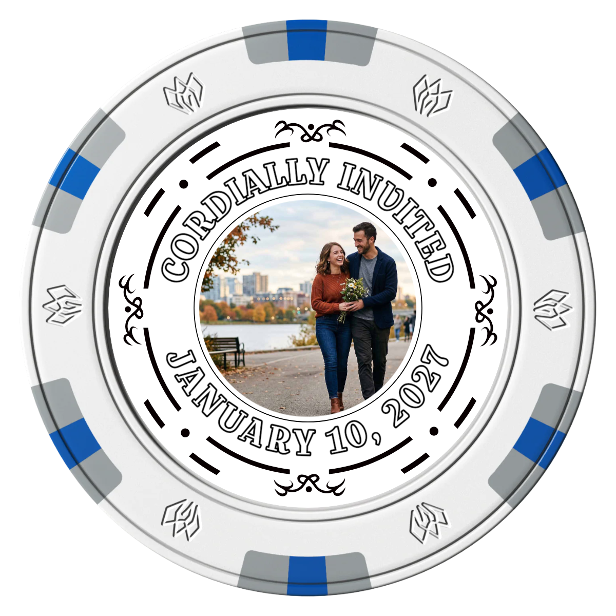 Save the Date Element Clay Poker Chips - White / 6 Spot Gem / 40mm - Front
