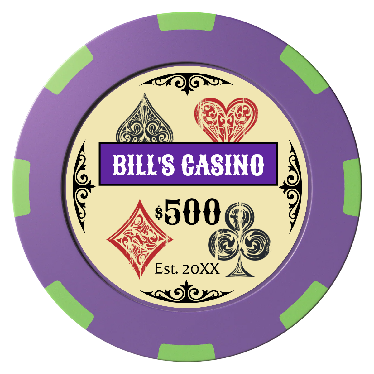 Vintage Four Suits Clay Poker Chips - Purple / 8 Spot (2 Tone) / 40mm - Front
