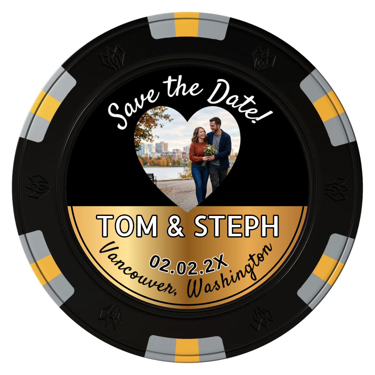 Save the Date Hearts Clay Poker Chips - Black / 6 Spot Gem / 40mm - Front