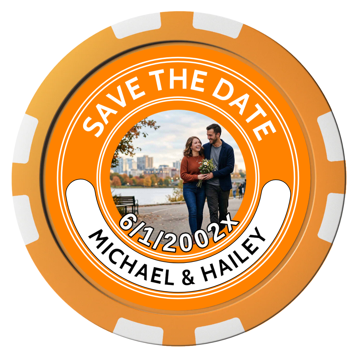 Save the Date Photo QR Code Composite Poker Chips - Orange / 8 Stripe - Front