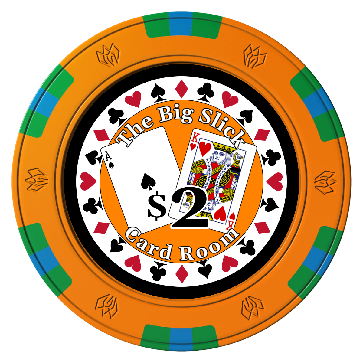AK Big Slick Clay Poker Chips - Orange / 6 Spot Gem / 40mm - Front