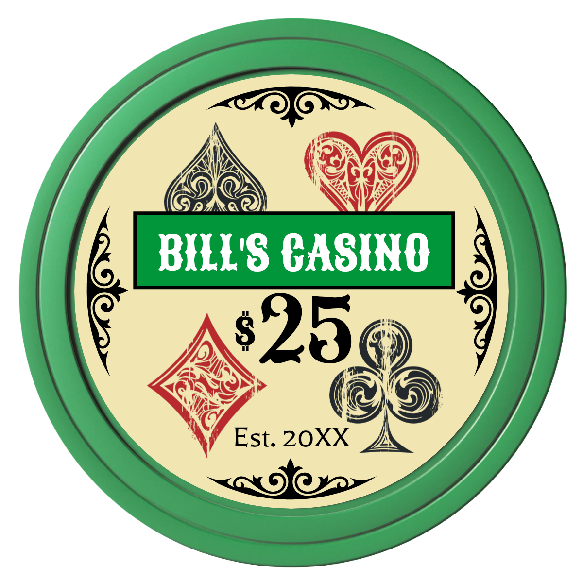 Vintage Four Suits Composite Poker Chips - Green / Solid - Front