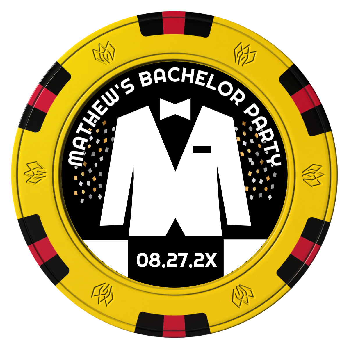 Bachelor No More Bowtie Clay Poker Chips - Yellow / 6 Spot Gem / 40mm - Front