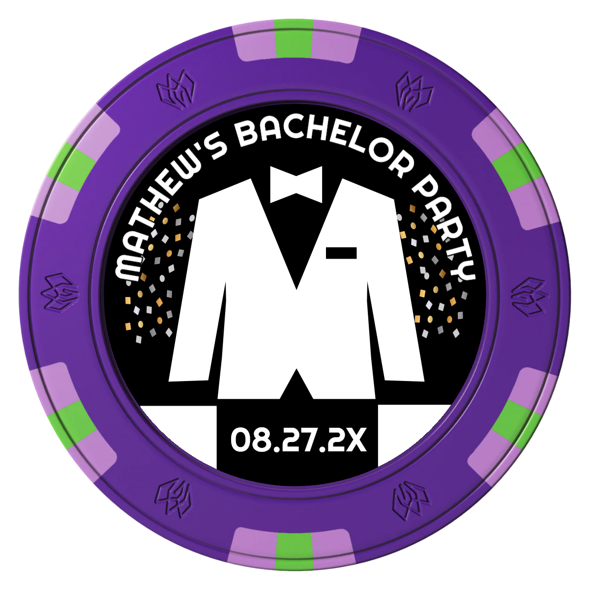 Bachelor No More Bowtie Clay Poker Chips - Purple / 6 Spot Gem / 43mm - Front