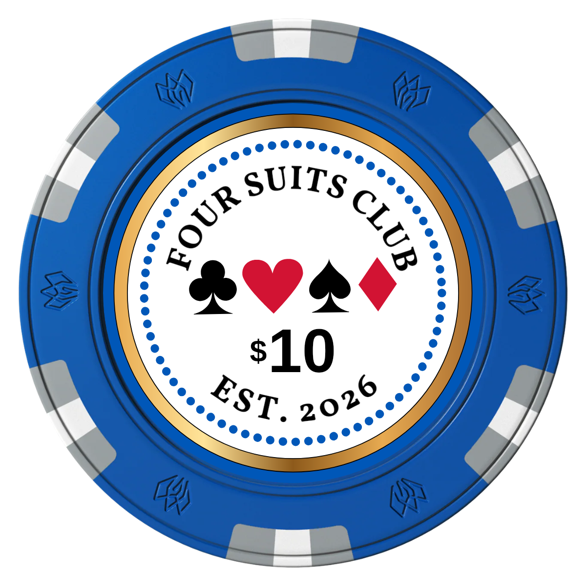 Fours Suits Club Clay Poker Chips - Blue / 6 Spot Gem / 40mm - Front