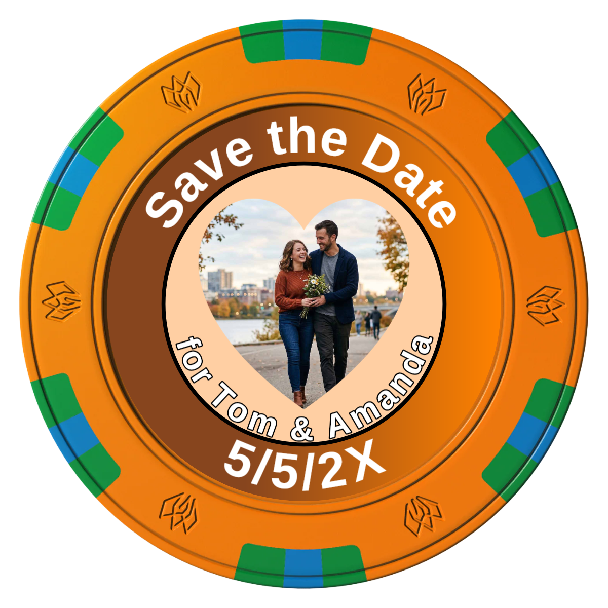 Save the Date #01 Clay Poker Chips - Orange / 6 Spot Gem / 40mm - Front