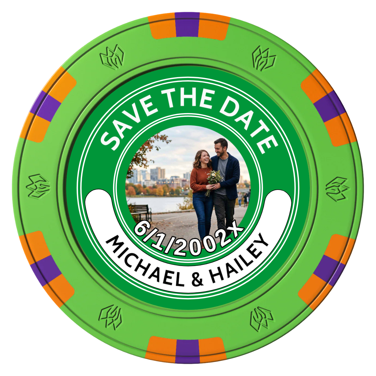 Save the Date Photo QR Code Clay Poker Chips - Green / 6 Spot Gem / 43mm - Front
