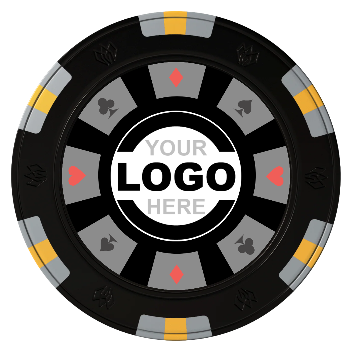 Suit 8 Your Logo Clay Poker Chips - Black / 6 Spot Gem / 43mm - Front